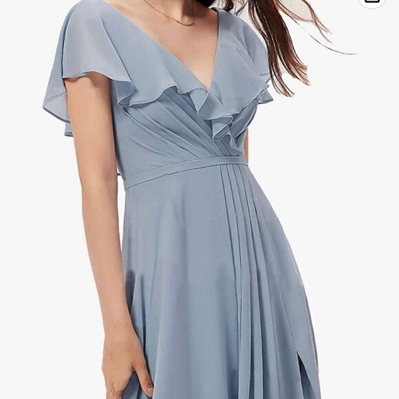 Miaodup Wedding Dress Size 8 V-Neck Ruffle Flutter Sleeve Dusty Blue Maxi New - Picture 3 of 11